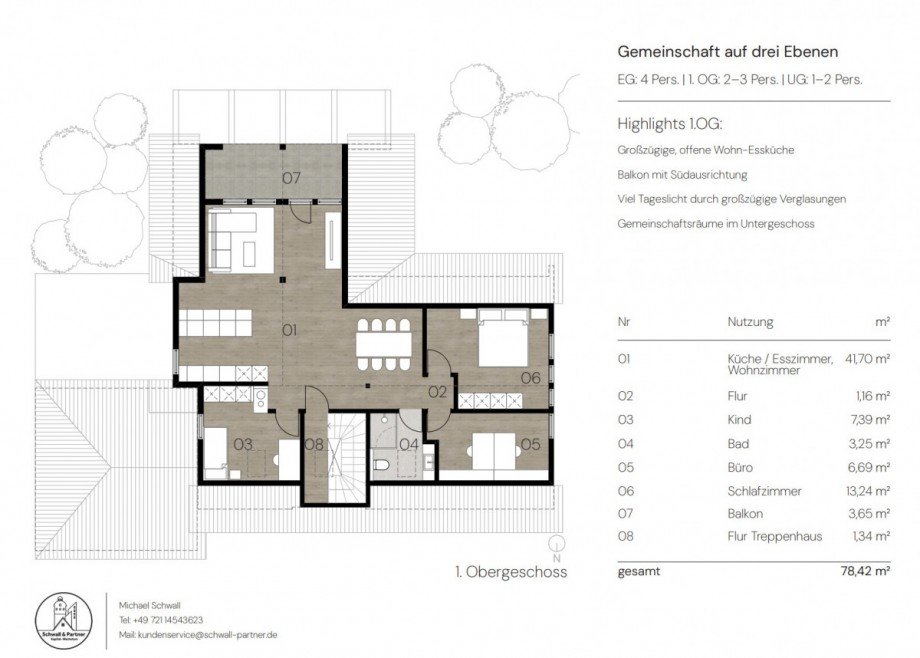 Gemeinschaft auf drei Ebenen Grundriss 1.OG Zweifamilienhaus Tiefenbronn