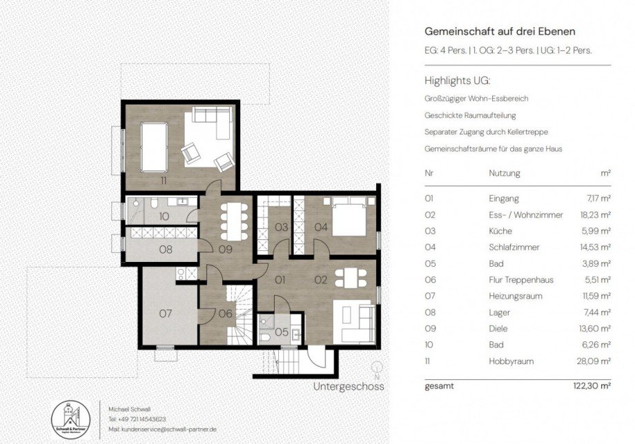 Gemeinschaft auf drei Ebenen Grundriss UG Zweifamilienhaus Tiefenbronn