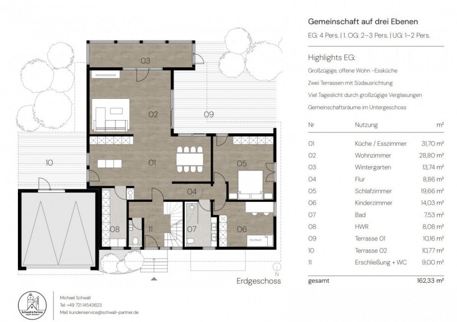 Gemeinschaft auf drei Ebenen Grundriss EG Zweifamilienhaus Tiefenbronn